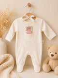 Cream Teddy Pocket Baby Sleepsuit