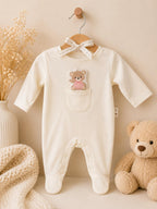 Cream Teddy Pocket Baby Sleepsuit