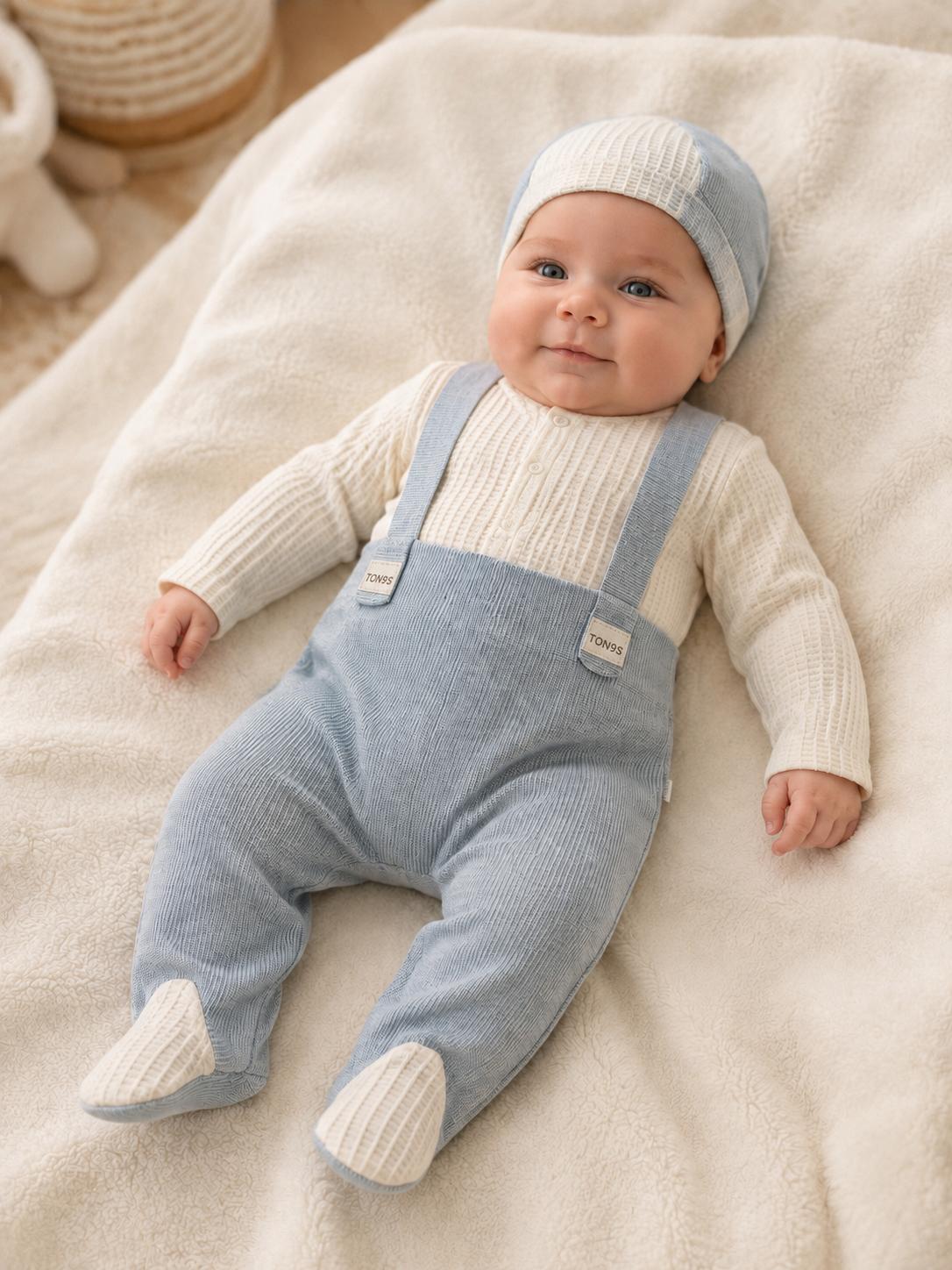Baby Boys Blue & Cream Waffle Babygrow and Hat Set