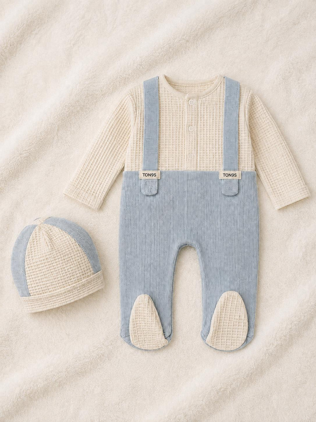 Baby Boys Blue & Cream Waffle Babygrow and Hat Set