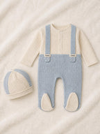 Baby Boys Blue & Cream Waffle Babygrow and Hat Set