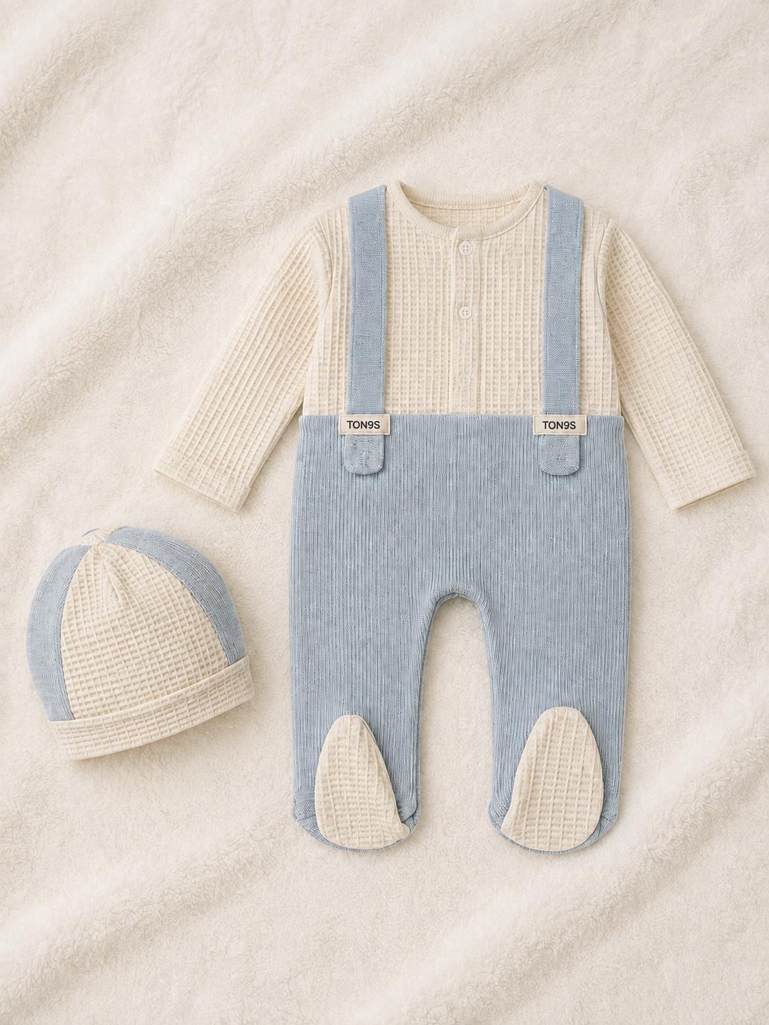 Baby Boys Blue & Cream Waffle Babygrow and Hat Set