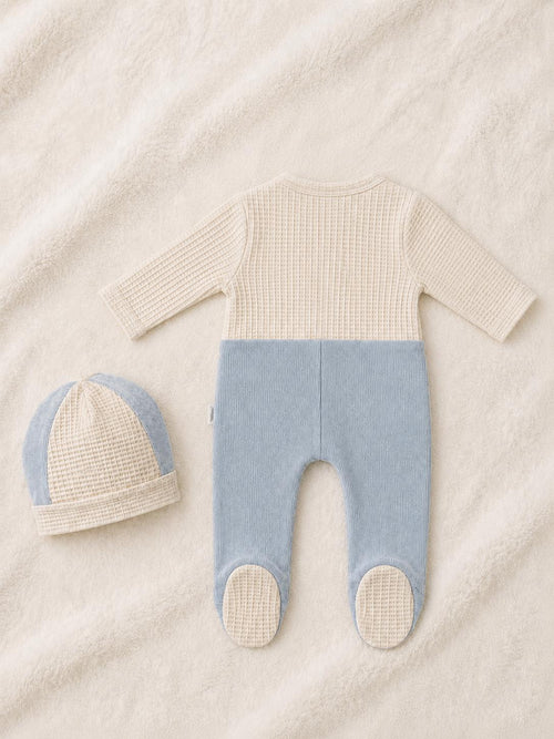 Baby Boys Blue & Cream Waffle Babygrow and Hat Set