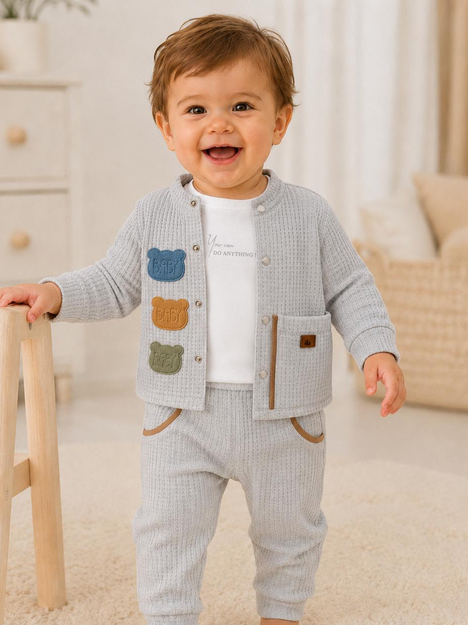 Baby Boys Grey Waffle Three-Piece Outfit Set