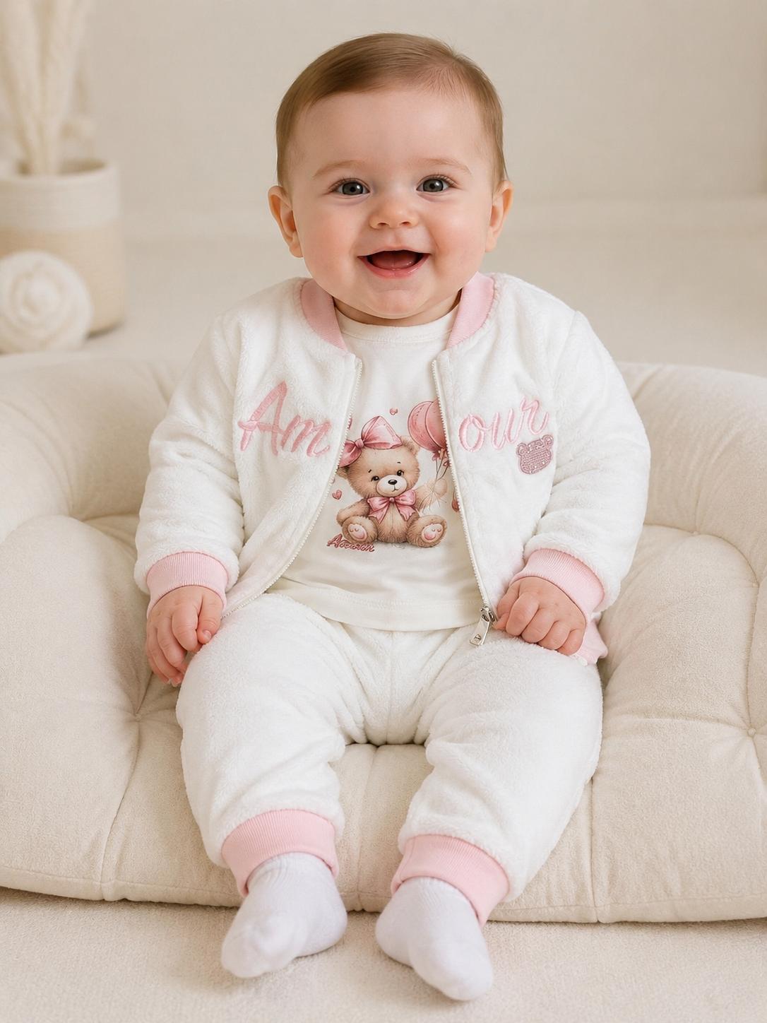 Baby Girls Teddy Balloon Three-Piece Outfit – White & Pink
