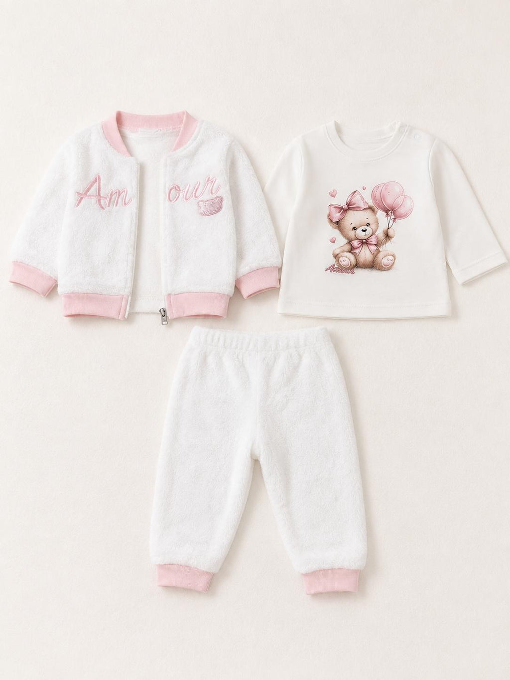Baby Girls Teddy Balloon Three-Piece Outfit – White & Pink