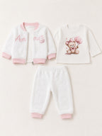 Baby Girls Teddy Balloon Three-Piece Outfit – White & Pink
