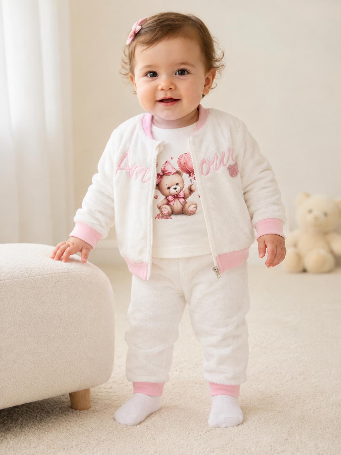 Baby Girls Teddy Balloon Three-Piece Outfit – White & Pink