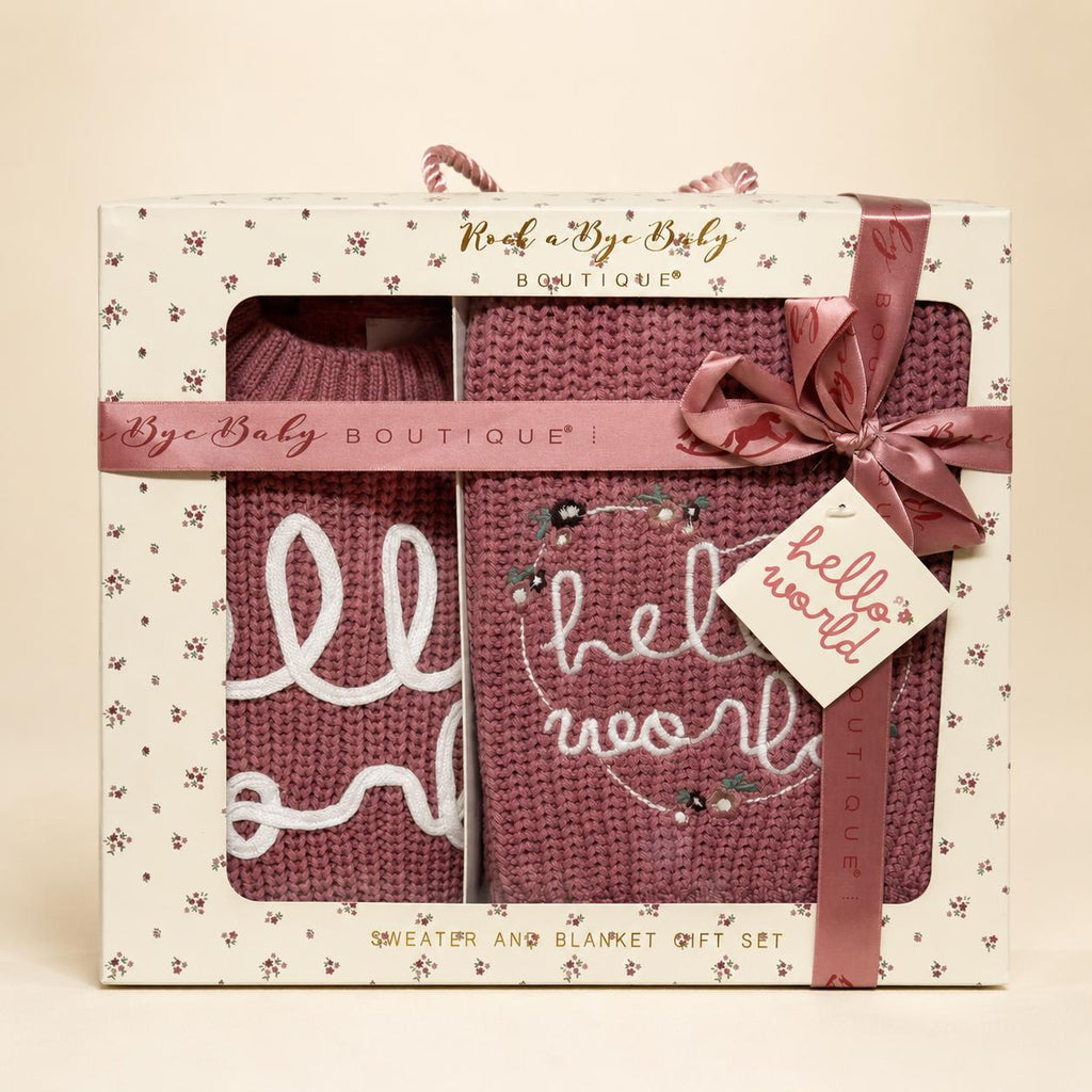 Hello World Knitted Sweater & Blanket Gift Set – Dusty Pink