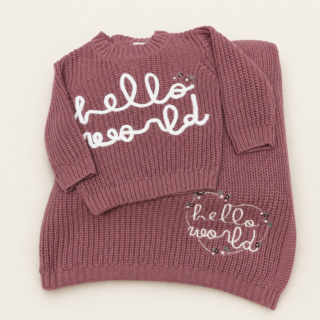Hello World Knitted Sweater & Blanket Gift Set – Dusty Pink
