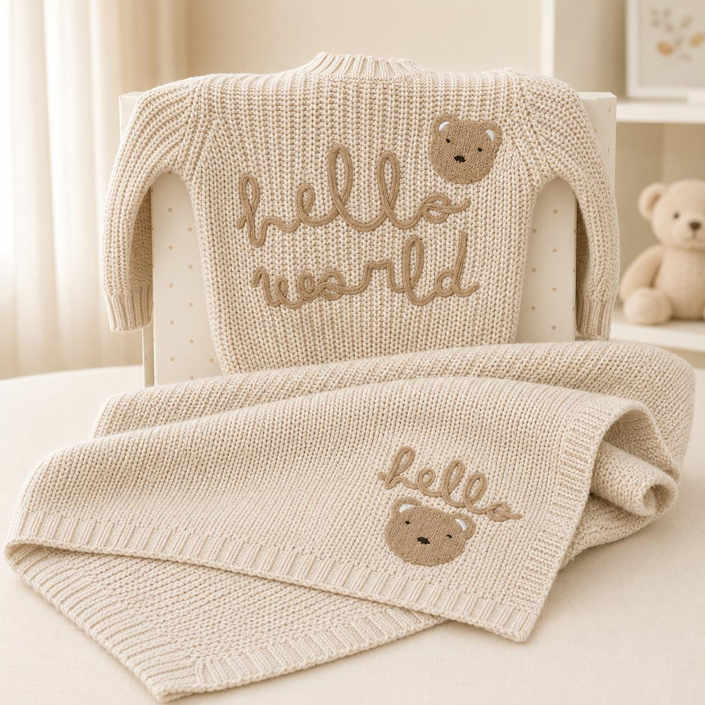 Hello World Knitted Sweater & Blanket Gift Set - Beige