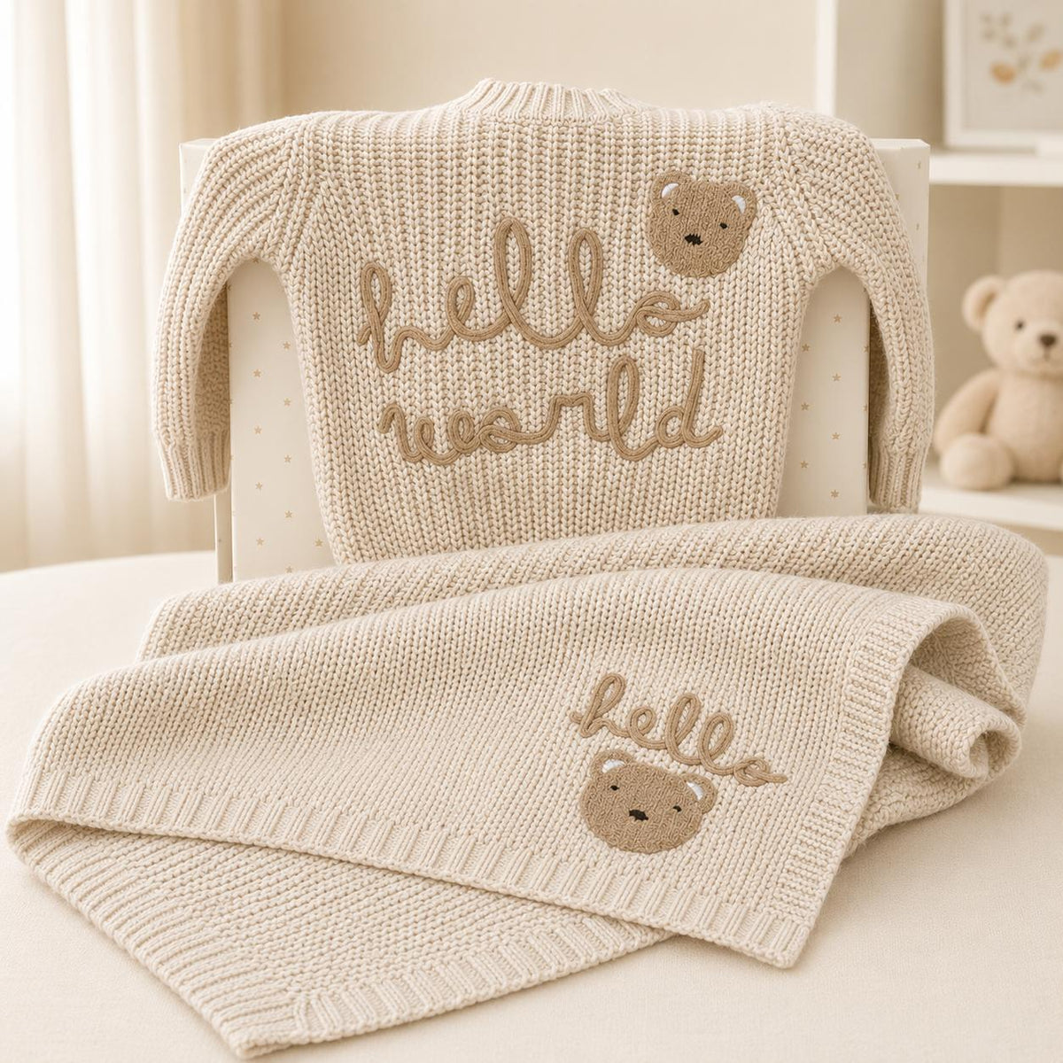 Hello World Knitted Sweater & Blanket Gift Set - Beige
