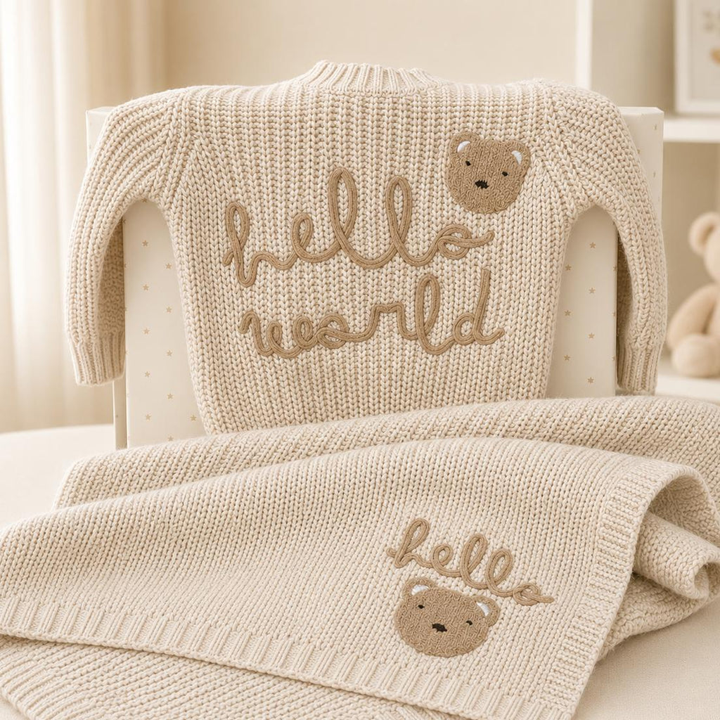 Hello World Knitted Sweater & Blanket Gift Set - Beige