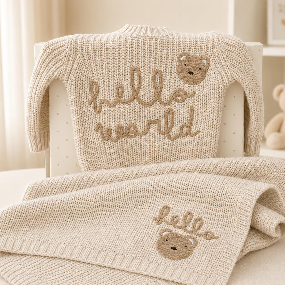 Hello World Knitted Sweater & Blanket Gift Set - Beige